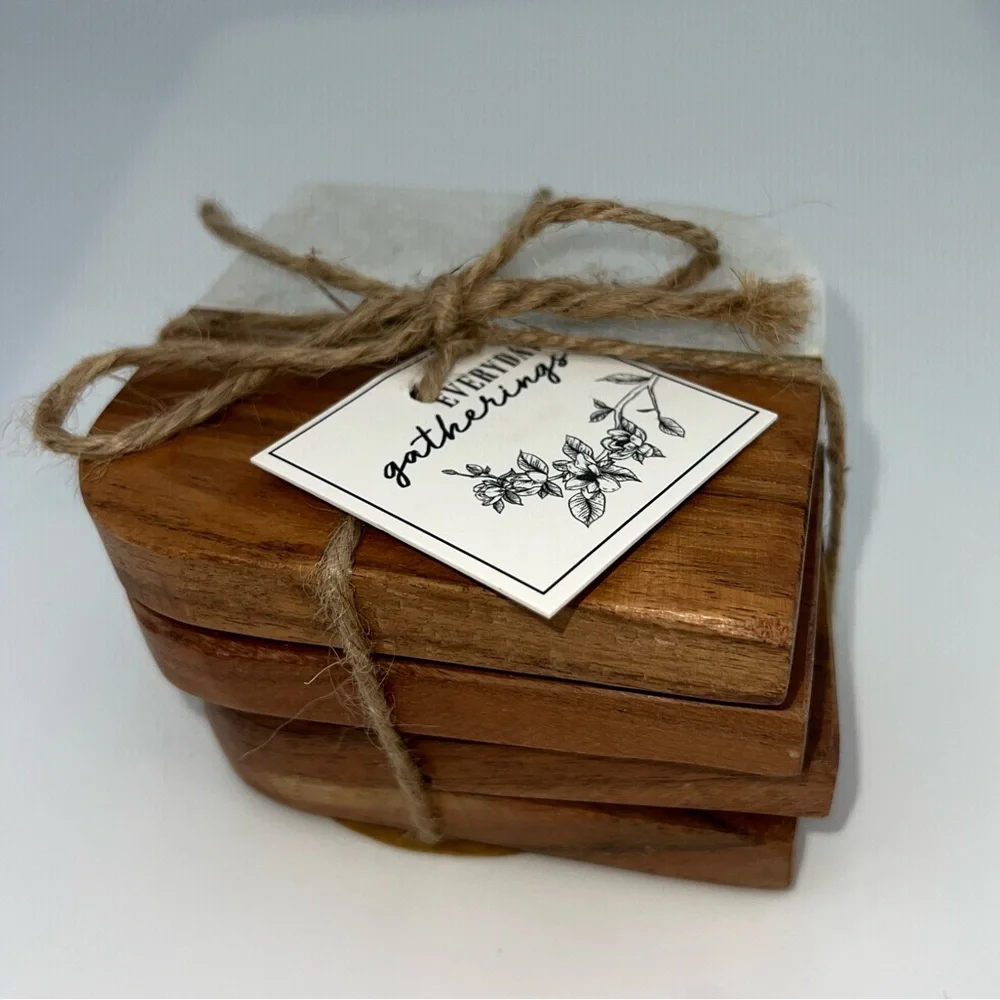 Marble Wood Brass Coasters Set Of 4 Modern Contemporary NEW With Tags